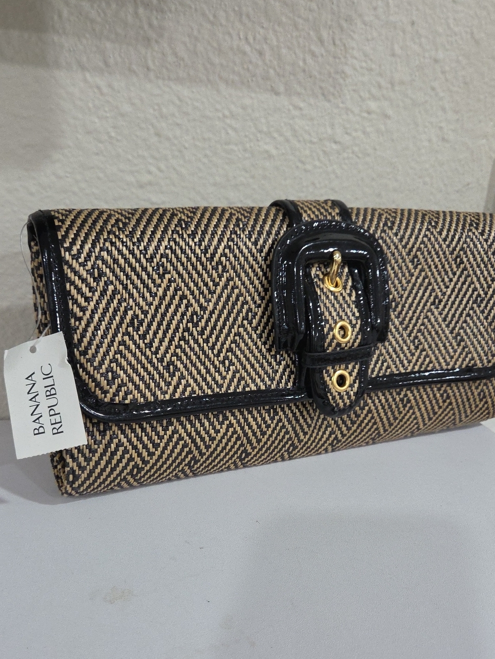 Banana Republic Tan & Black Woven Buckle Clutch